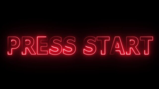 A futuristic video game interface featuring glowing red neon &ldquo;PRESS START&rdquo; text and a white circular play button centered on a dark black background.