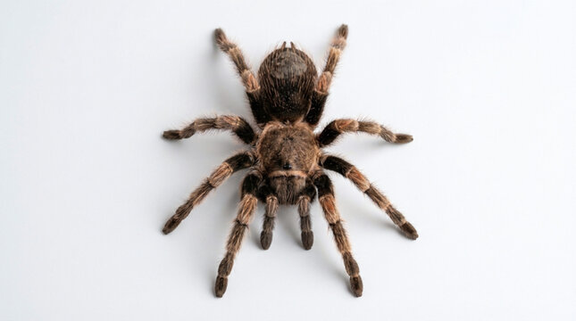 Tarantula spider with brown and tan striped legs displayed from above on white background