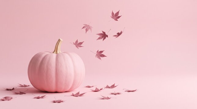 A delicate pink pumpkin surrounded by falling autumn leaves creates a festive and heartwarming thanksgiving day aesthetic