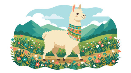 Fototapeta premium Cute Llama Walking on a Path Through a Colorful Meadow