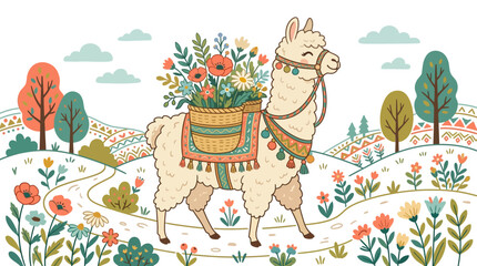 Obraz premium Cute Llama with Flower Basket on Back, Walking in a Whimsical Landscape