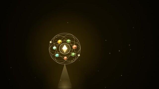 Glowing crystal structure sits on a pedestal in a dark background