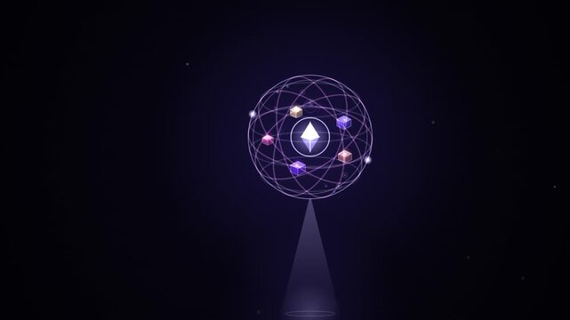A complex structure of glowing lines and spheres floats against a dark background in a continuous loop.