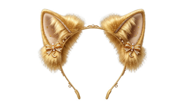 Golden cat ears headband with fluffy fur and pearls, ornate feline cosplay accessory, luxury kitten ear hairband for costume and party wear
