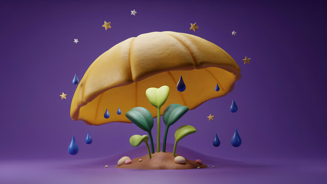 3D render of a yellow umbrella sheltering a small green plant with heart shaped leaves during a rain shower at night