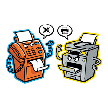 Old Fax Machine Arguing with Modern Printer Technology.