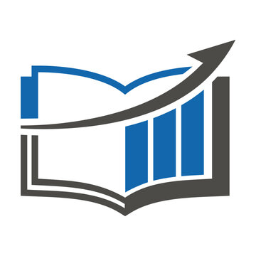 Book and chart or graph growth statistics data with up arrow in simple design, Vector financial business education logo design.