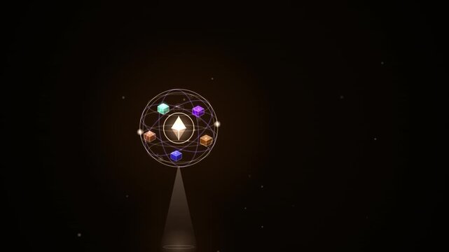 A glowing geometric emblem featuring colorful spheres orbiting a central core floats in dark space as a loop animation.