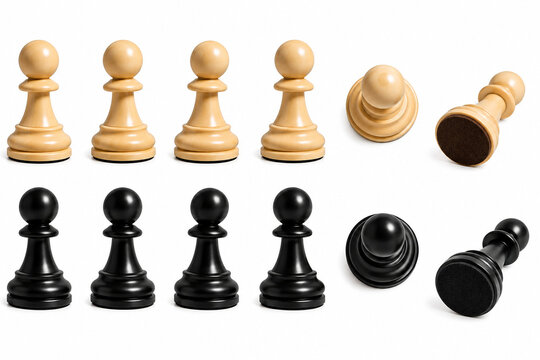 set of multicolored chess pawns viewed from various angles against a white isolated background