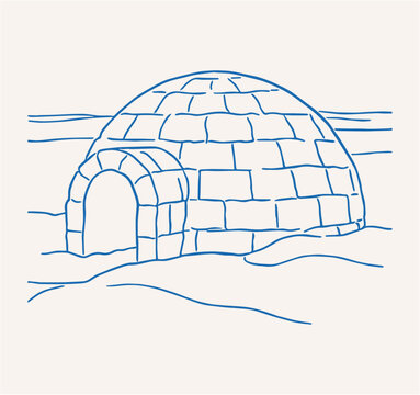 Hand drawn blue winter igloo ice house illustration set against a snowy landscape, featuring traditional dome architecture and cold weather shelter design in vector style.