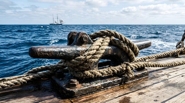 Rusty metal cleat with tied hemp rope on vintage wooden ship deck