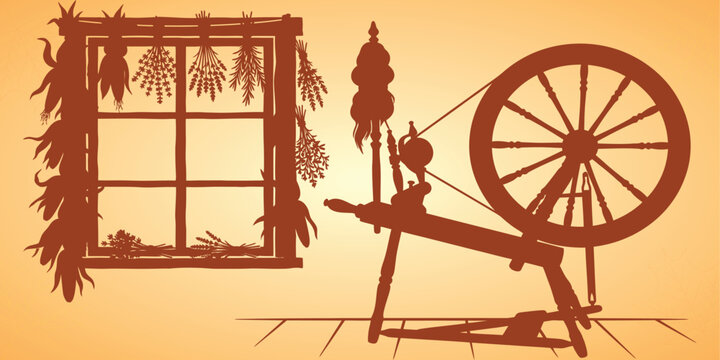 Traditional vintage wooden spinning wheel near a rustic window with vintage