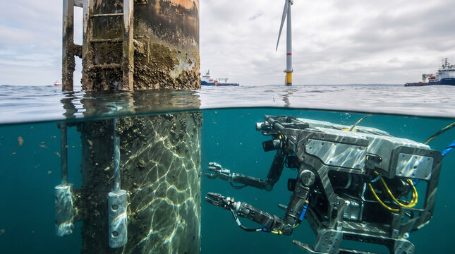 Underwater robotic arm inspecting corroded offshore structure