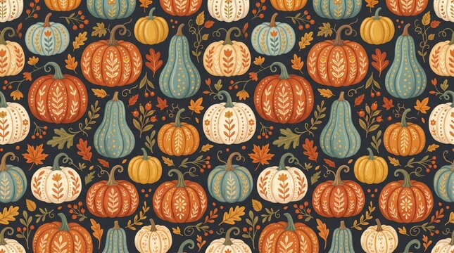 A vibrant and colorful thanksgiving pattern featuring pumpkins and gourds perfect for autumn celebrations and seasonal designs