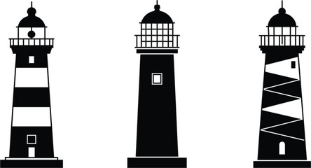 Obraz premium Lighthouse icon set, coastal navigation tower symbols for maritime safety ocean travel tourism and nautical design projects