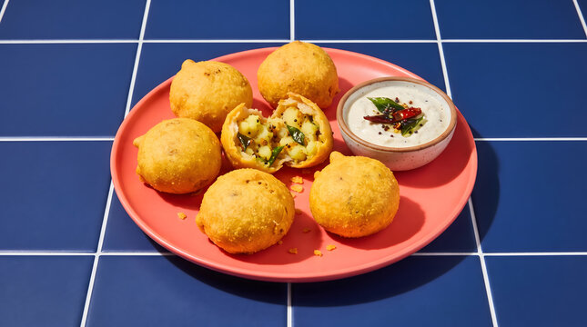 Aloo bonda served with coconut chutney, South Indian snack