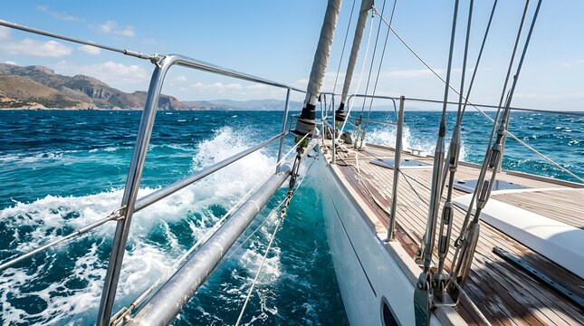 Sailing yacht deck cutting through blue sea waves during sunny voyage