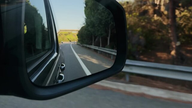 Driving video, road reflected in car side mirror