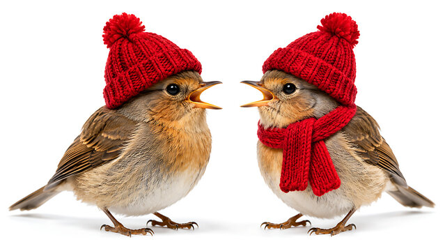 Two cute small birds wearing red knit winter hats and scarves isolated on a white background