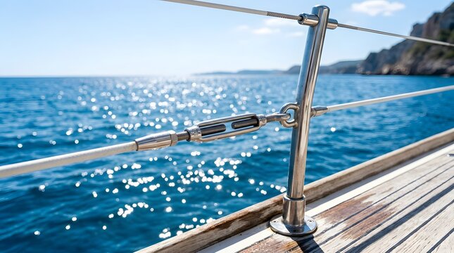 Stainless steel turnbuckle on a sailboat deck railing overlooking the sea