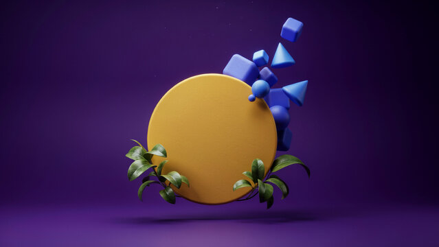 A 3D rendered yellow circle frame with blue geometric shapes and green leaves on a dark purple background surface