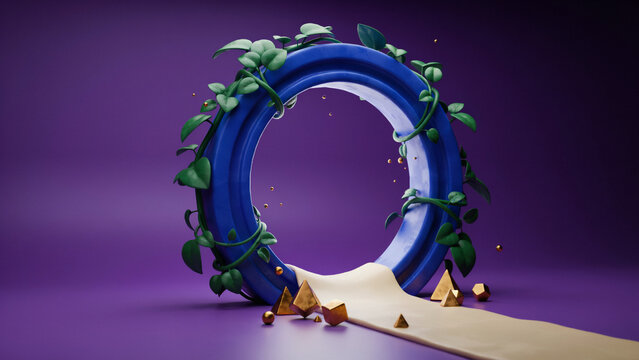 A blue circular portal frame decorated with green vines, featuring a beige path and gold geometric shapes on purple