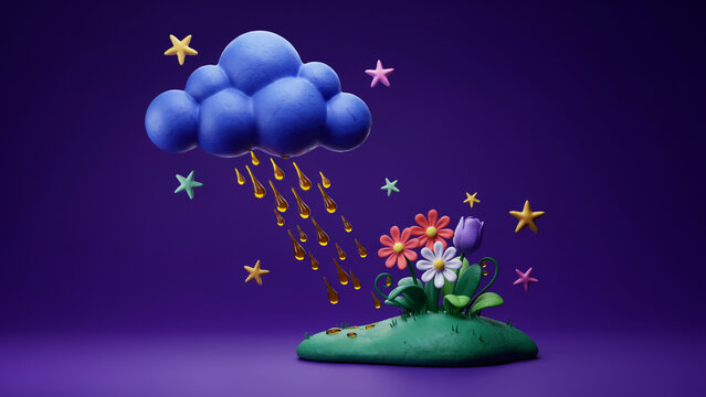 A blue rain cloud with golden raindrops falling onto colorful flowers on a green grassy hill with stars in the sky