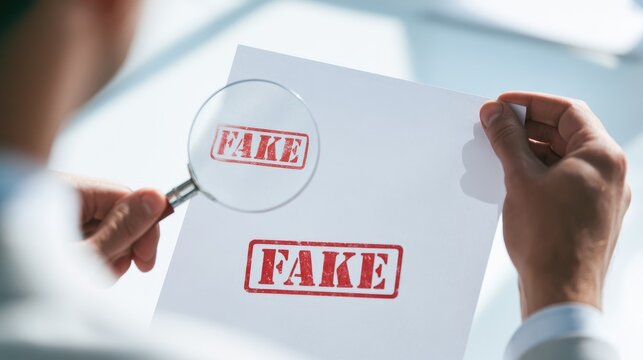 Business professional using a magnifying glass to inspect a fake document.