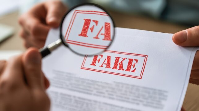 Person examining a document with a red fake stamp through a magnifying glass.