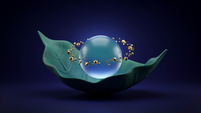 A glowing blue glass sphere resting on a large green leaf with a ring of small golden spheres orbiting around it