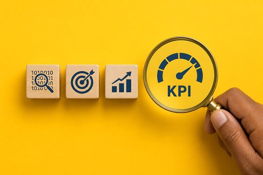 Magnifying glass examining key performance indicator metrics on wooden blocks