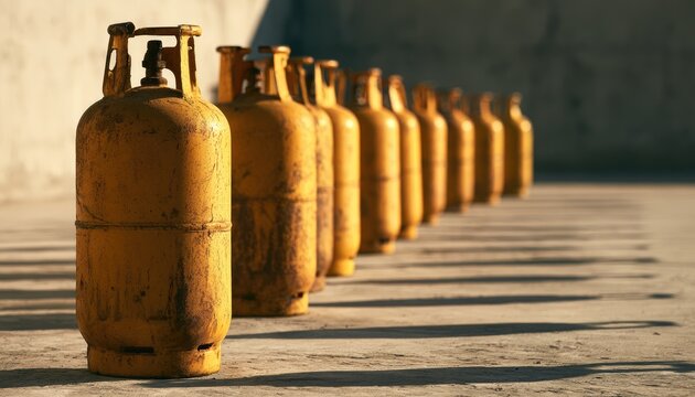 A row of rusty propane gas cylinders standing outdoors in sunset light.