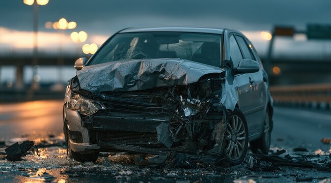 Front view of a heavily damaged car after a serious road accident on a highway.