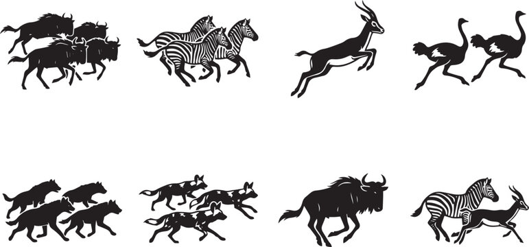 Set of african wildlife silhouettes, running wildebeest, zebras, gazelle, ostriches, hyenas, and wild dogs in a grid layout