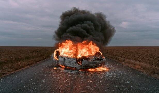 A wrecked car burning on a lonely road.