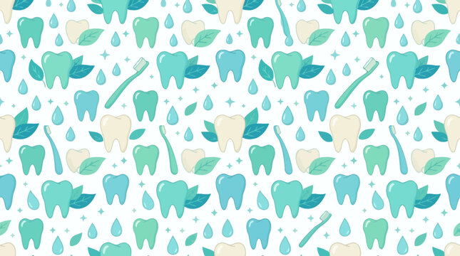 Seamless Dental Pattern: Teeth, Toothbrush, Leaves, Water Drops