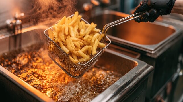 Chef frying golden crispy french fries in a professional kitchen deep fryer.