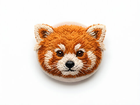 Embroidered red panda face patch with detailed stitching on cream fabric