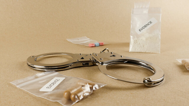 Handcuffs beside multiple clear evidence bags of white powder, capsules and pills on a brown surface, evoking drug seizures, law enforcement investigation and criminal possession