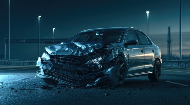 Severe car accident with damaged front end on a dark road at night.
