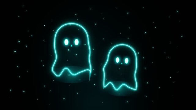 Neon glowing ghost duo animation with floating particles on dark background