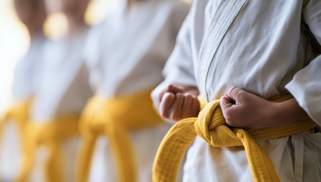 Group of martial arts students wearing yellow belts during training.