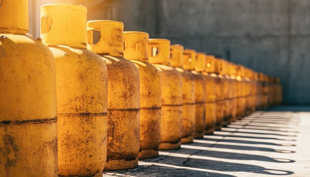 A row of old rusty yellow liquefied petroleum gas cylinders.