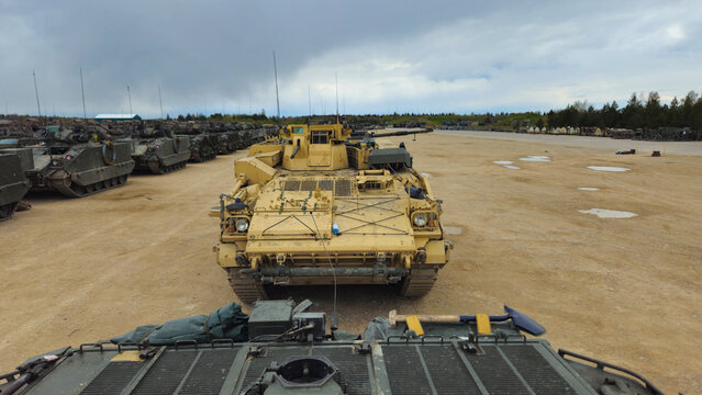 British Warrior armored fighting vehicles lined up for deployment