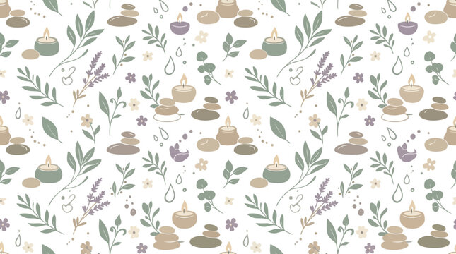 Spa Pattern: Candles, Stones, Lavender, Leaves, Flowers, Drops