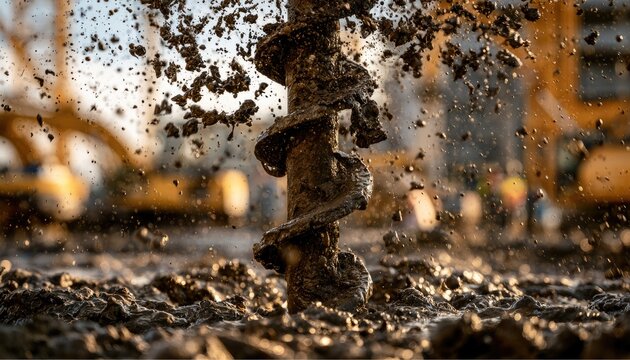 Industrial earth auger drilling into soil at construction site.