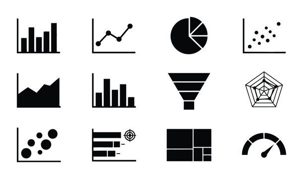 Data Visualization Icons Set: Bar Charts, Line Graphs, Pie Charts, Scatter Plots, Funnel, Radar, Gauge, Infographic Elements for Business Analytics and Reporting