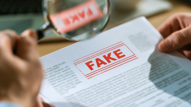Hands holding a document marked with a fake stamp and a magnifying glass inspecting it.