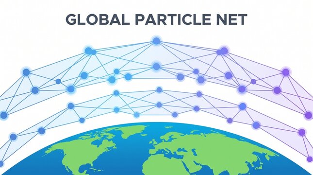 Illustration of a global particle network connecting points across the Earth, representing worldwide data or communication.