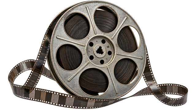 An old film reel with filmstrip unwound, showcasing classic cinema